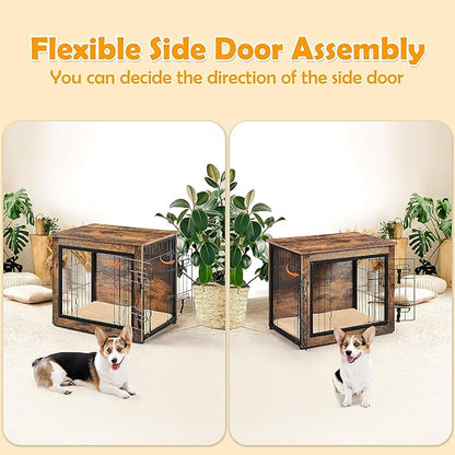 Yaheetech 27.5'' Dog Crate Furniture with Cushion Wooden Dog Crate with Double Doors/Adjustable Feet Side End Table for Small/Medium Dogs, 27.5" L x 20" W x 24" H