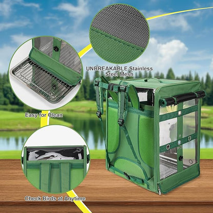 Suertree Bird Carrier Travel Cage, Cockatoo Carrier, Parrot Travel Backpack with Unbreakable Stainless Steel Mesh, Perch, Water Bottle and Food Bowl, X-Large Green