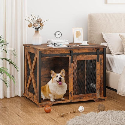 GAOMON Sliding Doors Dog Crate Furnitureï¼_ndoor Wooden Dog Crate Furniture with End Table and Flip-top Plateï¼_etachable Divider for Dog Kennel,Dog House, Rustic Brown