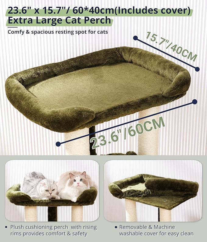 Happi N Pets 28" Large Cat Tree Tower for Indoor Cats, Cat Scratch Post with Large Bed for Maine Coon Big Cats, Sisal Cat Scratcher with Soft Perch & Hammock, Stable Cat Stand, Removable Cover-Green