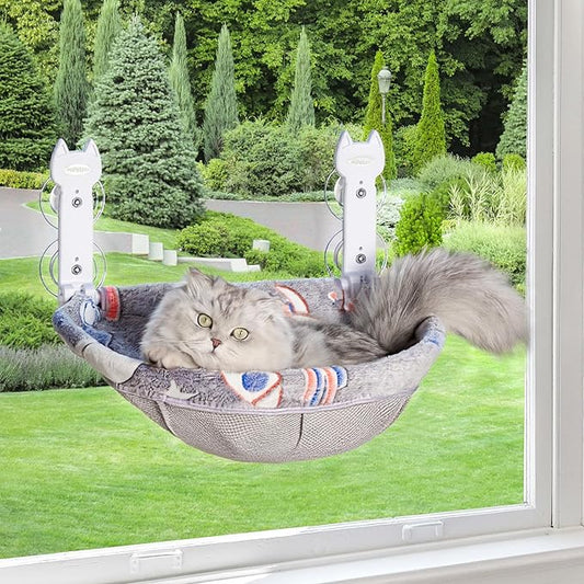 Cat Window Perch, Glow in The Dark Foldable Cat Hammock with Sunken Design & Removable Soft Cover, Breathable Cordless Window Bed for Resting Indoor Kitten (Deep Perch, 1 Pack - M)