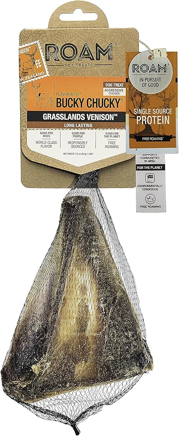 ROAM Pet Treats Bucky Chucky  Grasslands Venison Dog Bone, Single Ingredient, All Natural, Grain-Free, & Gluten-Free