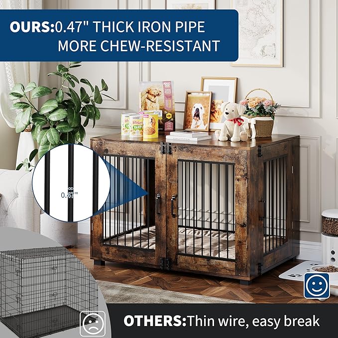 23.6" Dog Crate Furniture, Wooden Kennel with Locking Double Doors, Chew-Resistant Indoor Pet Cage End Table for Small Breeds, Brown