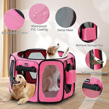 Dog Playpen, Cat Dog Crate Portable Pet Exercise Cage Kennel House Puppy Playpen Animal Playpen Indoor/Outdoor, Water-Resistant Kennel Tent with Traveling Bag (Pink, Medium)