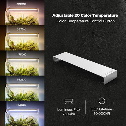 ONF Flat One+ 36 Inch 24/7 Cycle Aquarium Light, Yellow White Full Spectrum Colorfull LED Light, Fish Tank Light Brightness Dimmable & Color Temperature APP Controlled, Sunrise & Sunset, Hood Style