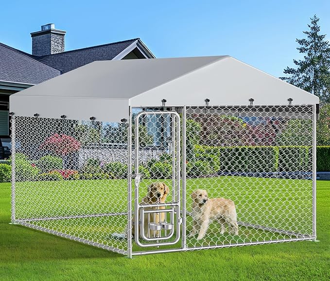 DWVO 7.5'x7.5' Large Dog Kennel Outdoor with Rotating Feeder Bowls, Outdoor Dog Pens with Roof, Heavy Duty Dog Cage for Medium Large Dogs