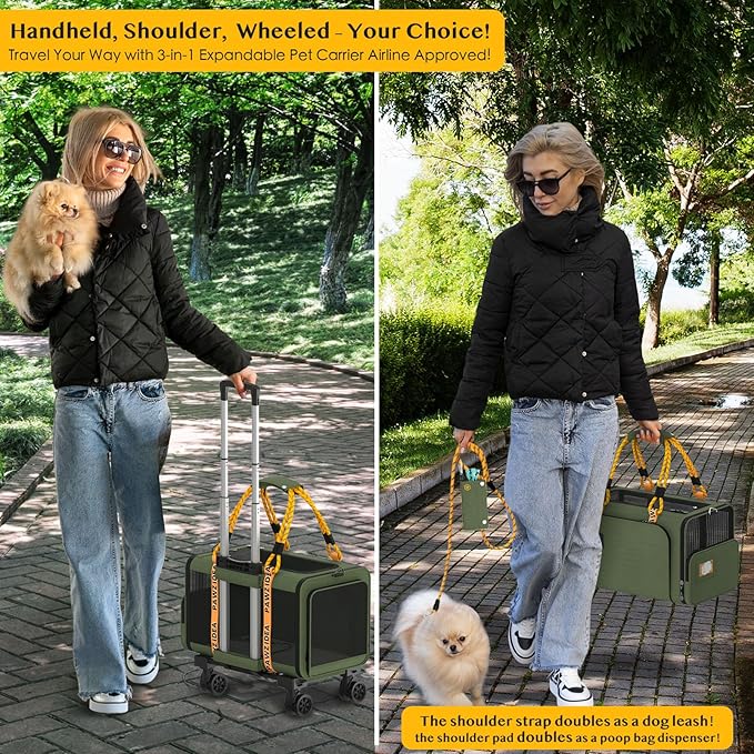 PAWZIDEA Expandable Pet Carrier with Wheels, 18X11X11 TSA Airline Approved Cat Carrier w/ID Card for 2 Cats, Small Dog Carrier Car Seat Travel Bag, Shoulder Strap as Dog Leash