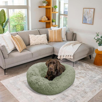 Best Friends by Sheri Original Calming Donut Dog and Cat Bed, Shag Faux Fur, Sage Green, (36in x 36in) - Anxiety Relief for Pets Up to 100 lbs