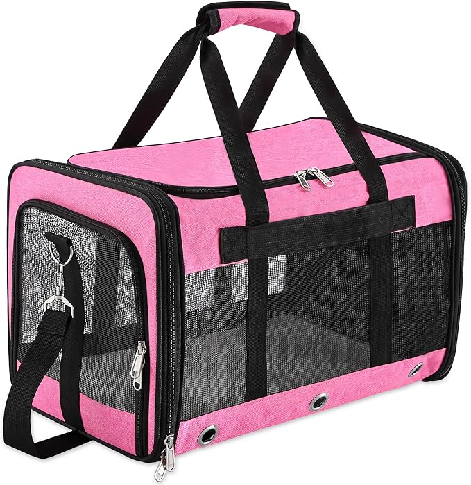 Soft Sided Cat/Dog Carrier,Collapsible Pets Travel Carriers for Pet/Puppy with Shoulder Strap & Removable Mat,Mesh Top Load Small Dogs/Cats Carry Bag Up to 25 Lbs（Pink,L）