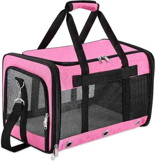 Soft Sided Cat/Dog Carrier,Collapsible Pets Travel Carriers for Pet/Puppy with Shoulder Strap & Removable Mat,Mesh Top Load Small Dogs/Cats Carry Bag Up to 17 Lbs TSA Airline Approved（Pink,M）