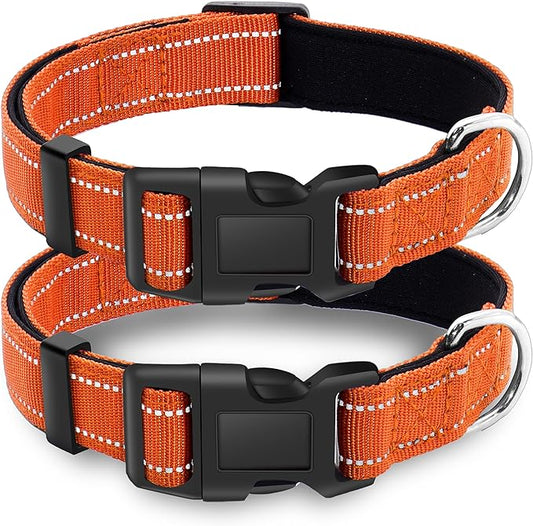 2 Pack Reflective Dog Collar with Safety Locking Buckle, Adjustable Soft Breathable Comfortable Nylon Pet Collar for Small, Medium and Large Dogs, Orange, L