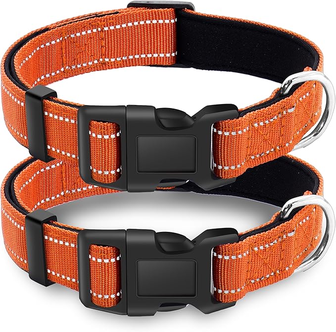 2 Pack Reflective Dog Collar with Safety Locking Buckle, Adjustable Soft Breathable Comfortable Nylon Pet Collar for Small, Medium and Large Dogs, Orange, XL