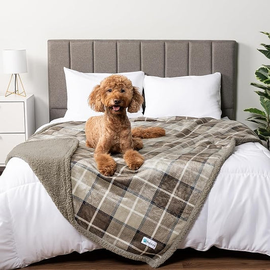 PetAmi WATERPROOF Dog Blanket For Bed, XL Dog Pet Blanket Couch Cover Protection, Sherpa Fleece Leakproof Bed Blanket for Crate Kennel Sofa Furniture Protector, Reversible Soft Plush 80x60 Plaid Taupe