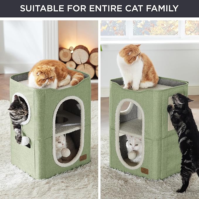 Bedsure 2 Story Cat House - Cat Condos for Indoor Cats with Scratch Pad and Fluffy Ball Hanging, Small Pet Cave Furniture Hideaway for Multi Pets, 18x14x23 inches, Green