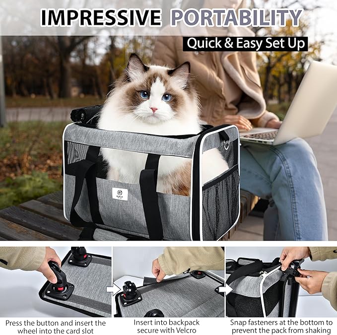 Pet Carrier with Wheels by Birch & Key – Grey Color - Airline Approved Rolling Pet Carrier – Soft Dog & Cat Travel Carrier - Small Dog Carrier – Removable Wheels - 17.5” x 12” x 12”