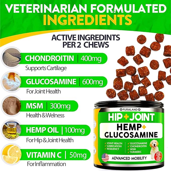 Hemp Hip and Joint Supplement for Dogs - Glucosamine for Dogs - 170 Dog Joint Pain Relief Treats - Chondroitin, Hemp Oil, MSM - Mobility & Flexibility Support - Advanced Care Health - Made in USA