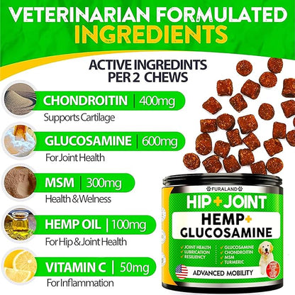 Hemp Hip and Joint Supplement for Dogs - Glucosamine for Dogs - 170 Dog Joint Pain Relief Treats - Chondroitin, Hemp Oil, MSM - Mobility & Flexibility Support - Advanced Care Health - Made in USA
