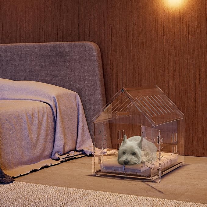 Sumerflos Acrylic Dog House, 24" L x 18" W x 23" H Clear Dog Crate, Modern Indoor Dog Kennel Lockable Ventilated for Most Small Dog Cat Pet