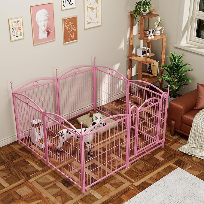 32" H Dog Crate Dog Playpen 8 Panels Furniture Heavy Duty Dog Fence Door with Side Openings,for Large Medium Small Dogs Indoor Outdoor Foldable Pet Exercise Pen,Pink