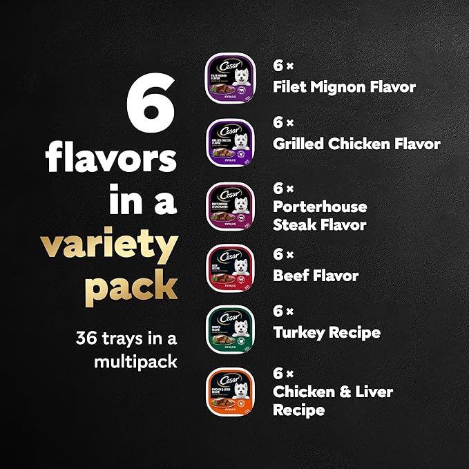 Cesar Wet Dog Food Classic Loaf in Sauce Grilled Chicken, Filet Mignon, Porterhouse Steak, Beef, Chicken & Liver and Turkey Variety Pack 3.5 oz. Easy Peel Trays (36 Count, Pack of 1)