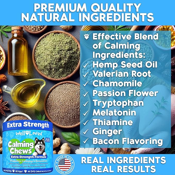 Calming Chews for Dogs - Dog Calm Treats, Made in USA, Vet Recommended, Behavior Support with Melatonin & Hemp, Stress, Separation, Fireworks, Travel, Extra Strength
