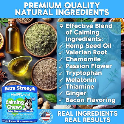 Calming Chews for Dogs - Dog Calm Treats, Made in USA, Vet Recommended, Behavior Support with Melatonin & Hemp, Stress, Separation, Fireworks, Travel, Extra Strength