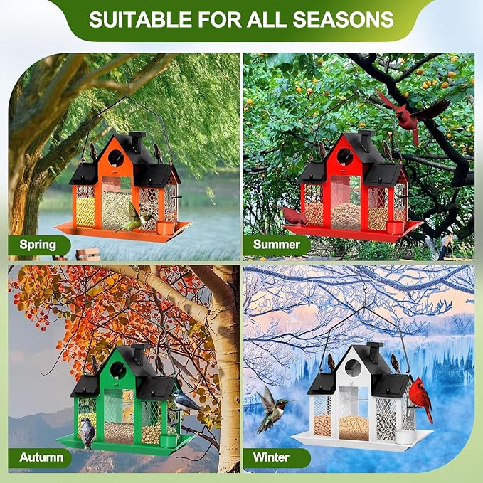 Solar Bird Feeders House for Outdoors Hanging, 7LBS Large Capacity Metal Wild Bird Feeder Squirrel Proof for Outside with Water Cup, Cardinal Birdfeeder Birdhouses Gift for Bird Lovers (Orange)