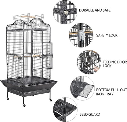 Yaheetech Extra Large Bird Cage 63'' Open Play Top Bird Cage for African Grey Parrots/Amazon Parrot/Caiques/Macaw with 360° Wheels