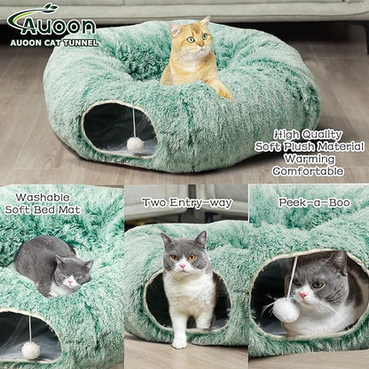 AUOON Cat Tunnel Bed for Indoor Cats - Circle Peekaboo Cat Cave with Washable Mat for Indoor Cats Kitten Kitty Puppy Rabbit Ferret (Green)