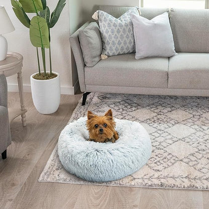 Best Friends by Sheri Original Calming Donut Dog and Cat Bed, Shag Faux Fur, Frost Gray, XS (18in x 18in) - Anxiety Relief for Pets Up to 10 lbs