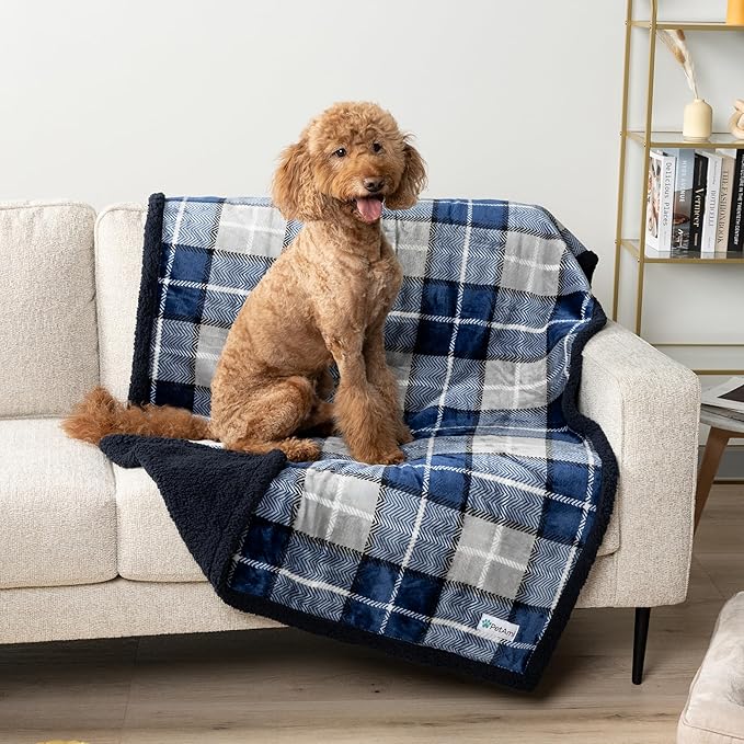 PetAmi Waterproof Dog Blanket for Small Medium Dog, Pet Puppy Blanket Couch Cover Protection, Sherpa Fleece Cat Blanket Couch Sofa Bed Furniture Protector Reversible Soft Washable 29x40 Plaid Navy