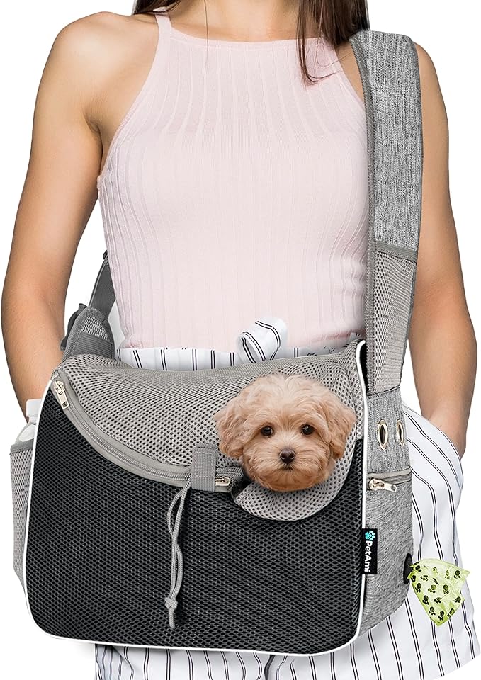 PetAmi Small Dog Sling Carrier, Soft-Sided Crossbody Puppy Carrying Purse Bag, Adjustable Sling Pet Pouch to Wear Medium Dog Cat Travel, Dog Bag for Traveling, Breathable, Poop Bag Dispenser, Gray