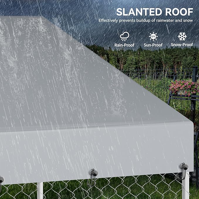 DWVO 10'x10' Large Outdoor Dog Kennel with Rotating Feeder Bowls, Outdoor Dog Pens with Roof, Heavy Duty Dog Cage for Large Dogs