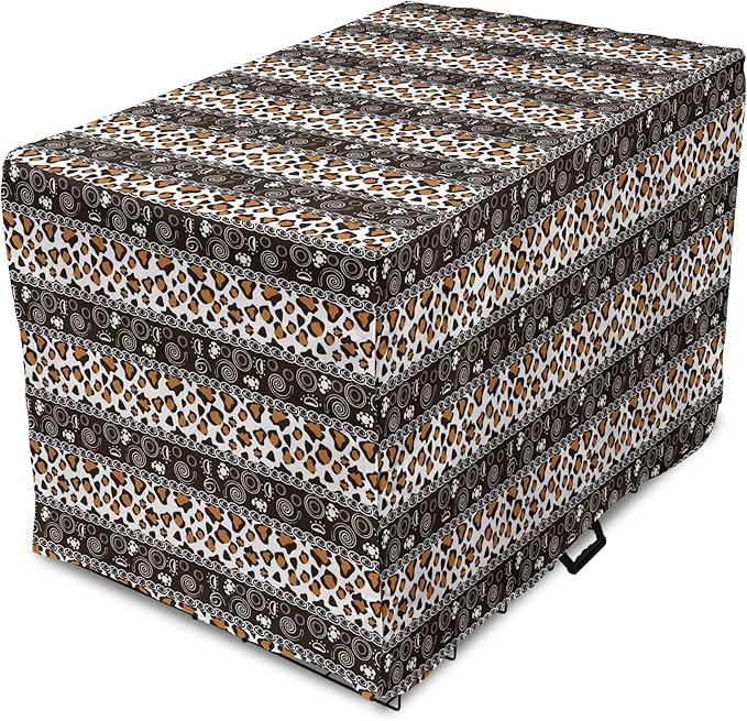 Ambesonne African Dog Crate Cover, Traditional Borders Cheetah Skin with Abstract Spirals and Circles, Easy to Use Pet Kennel Cover for Medium Large Dogs, 48 Inch, Pale Coffee Brown White