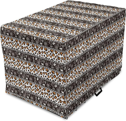 Ambesonne African Dog Crate Cover, Traditional Borders Cheetah Skin with Abstract Spirals and Circles, Easy to Use Pet Kennel Cover for Medium Large Dogs, 42 Inch, Pale Coffee Brown White