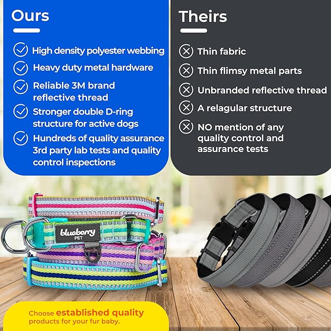 Blueberry Pet 3M Reflective Dog Collar - Adjustable Safety Dog Collars for Small Dogs, Multi-Colored Stripes in Olive & Blue-Gray, Durable Nylon Small Dog Collar with Pet Safety Features