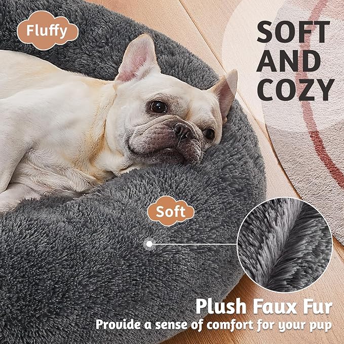 OhGeni Calming Donut Dog & Cat Bed Pillow, Machine Washable Plush Waterproof Zipper Cover, Anti-Slip Round Comfort Bed, Pillow Design Cozy Warming Fluffy Fur Bed for Medium Dogs, Gray, 30 inches