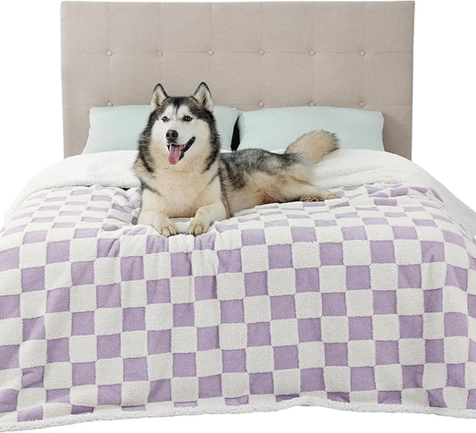Lesure Waterproof Dog Blanket for Large Dogs - Washable Double Sided Dog Blankets with Warm Jacquard Shag and Soft Sherpa Fleece, Pet Cat Blanket for King Bed Protection, 3D Textured Checks, Purple
