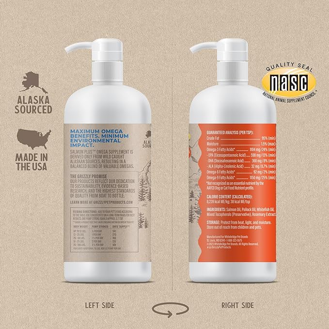 Grizzly Pet Products Salmon Plus Omega 3-6-9 Food Supplement for Dogs and Cats, 32 Ounce