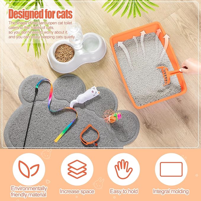 7 Pcs Small Cat Kitten Starter Kit Cat Litter Box with Shovel Paw Litter Mat Double Automatic Kitten Bowls Toy Teaser Stick Collar Essentials Kits for 1-3 Lbs Beginner(Simple,Orange)