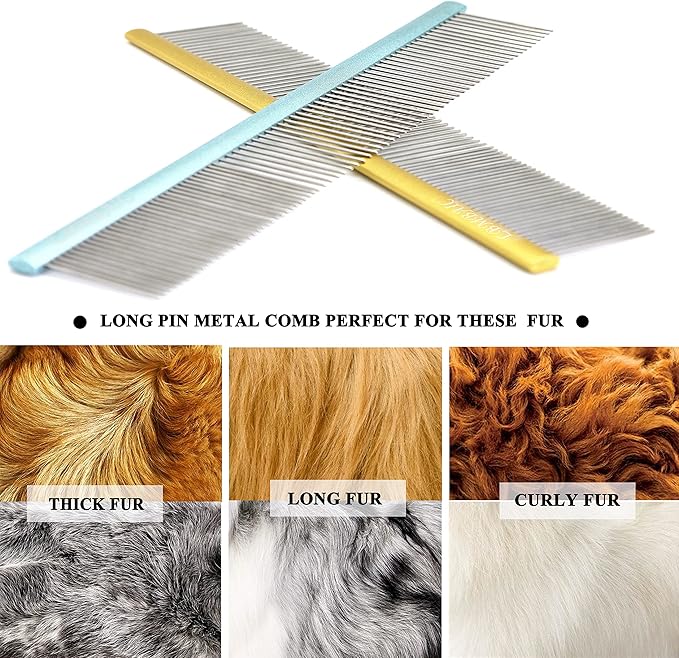 10inches Large Dog Metal Grooming Comb for Shedding Matted Hair for Large Dogs Metal Dog Comb with Long Wide Tooth for Poodles and Goldendoodles Reduce Tangles,Mats and Knots.(Blue)