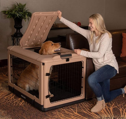 Pet Gear _he Other Door 4 Door Steel Crate for Dogs/Cats with Garage-Style Door, Includes Plush Bed + Travel Bag, No Tools Required, Beige
