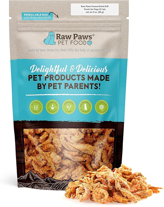Raw Paws Freeze-Dried Krill Treats for Dogs & Cats, 3-oz - Naturally Contains Krill Oil for Dogs, Omega 3 for Dogs, Shrimp for Dogs - Freeze Dried Krill Fish Food for Aquatic Fish, Turtles, & Reptiles