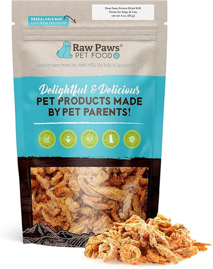 Raw Paws Freeze-Dried Krill Treats for Dogs & Cats, 3-oz - Naturally Contains Krill Oil for Dogs, Omega 3 for Dogs, Shrimp for Dogs - Freeze Dried Krill Fish Food for Aquatic Fish, Turtles, & Reptiles