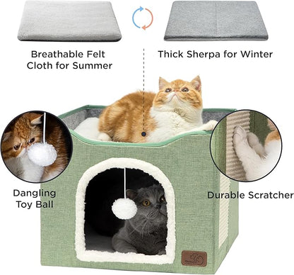 Bedsure Cat Beds for Indoor Cats - Large Cat Cave for Pet Cat House with Fluffy Ball Hanging and Scratch Pad, Foldable Cat Hideaway, 16.5x16.5x13 inches, Green