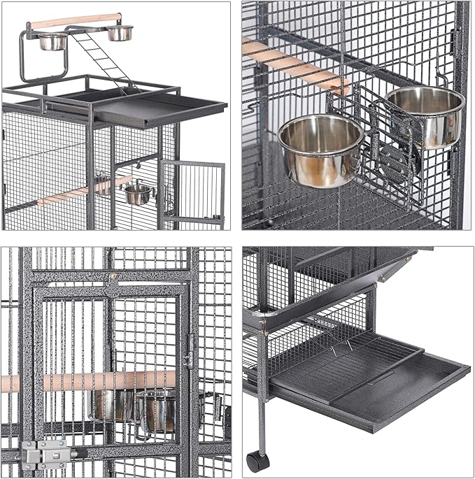 HSM 62 Inch Wrought Iron Large Bird Flight Cage with Rolling Stand for African Grey Parrot Cockatiel Sun Parakeet Conure Lovebird Canary
