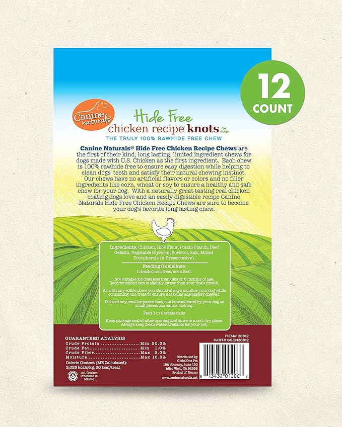 Canine Naturals Chicken Recipe Chew - Rawhide Free Dog Treats - Made from USA Raised Chicken - All-Natural and Easily Digestible - 12 Pack of Mini Knots for Dogs 5-20lb