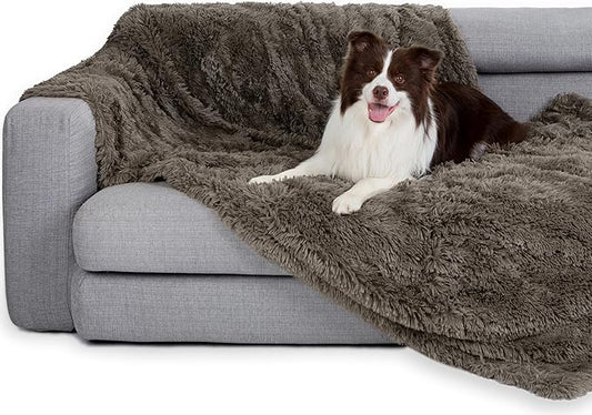 gogobunny Waterproof Plush Long Faux Fur Pet Throw Blanket Ultra Soft Fluffy Bed Couch Cover Washable - Premium Flannel Calming Blankets for Dog Puppy Cat (33x77 Inch (Pack of 1), Stone)