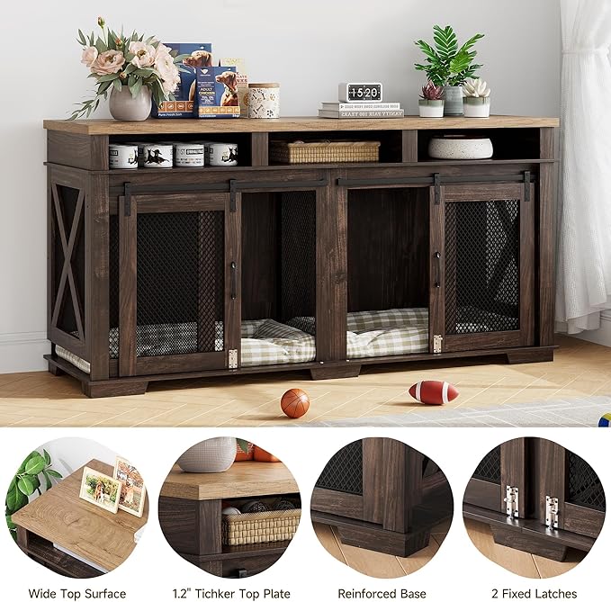 IDEALHOUSE 71" Extra Large Dog Crate Furniture, Wooden Double Dog Crates Kennel Cage,Furniture Style Tv Stand Side End Table for 2 Dogs With Removable Divider for Large Dogs,3 Storage,Dark Walnut/Ligh