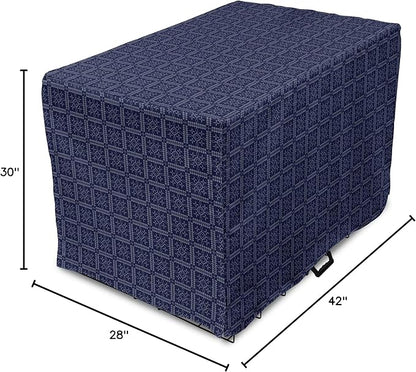 Ambesonne Abstract Geometry Dog Crate Cover, Style Motifs in Squares Rhythmic Arrangement, Easy to Use Pet Kennel Cover for Medium Large Dogs, 42 Inch, Blue White